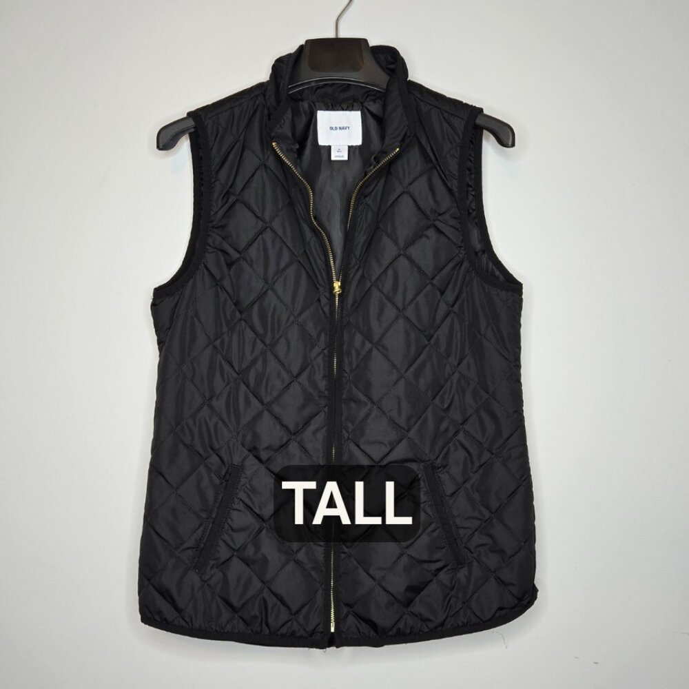 Old Navy Black Quilted Vest with Gold Zipper – Size M Tall